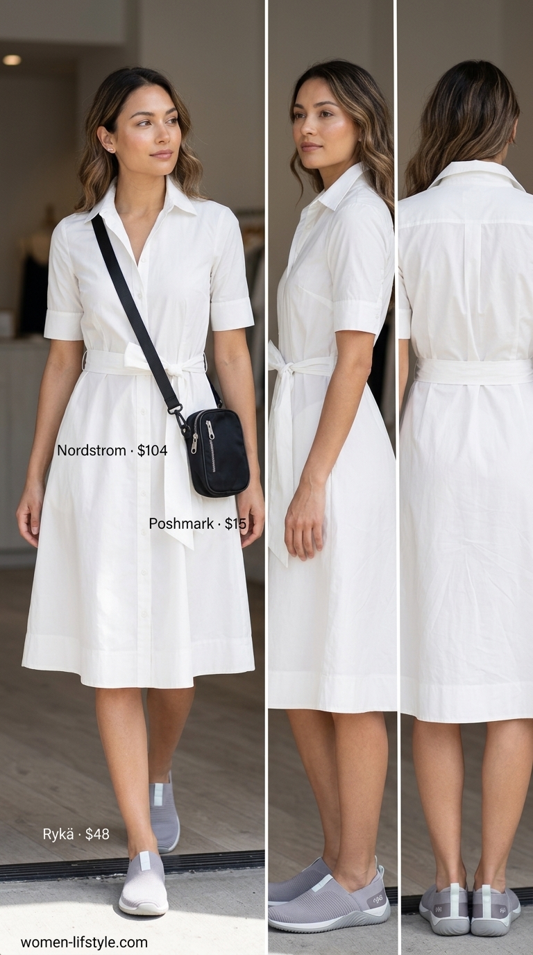 White cotton poplin shirt dress for women 2026, perfect for weekend errands and travel. Styled with a belt bag and sneakers.