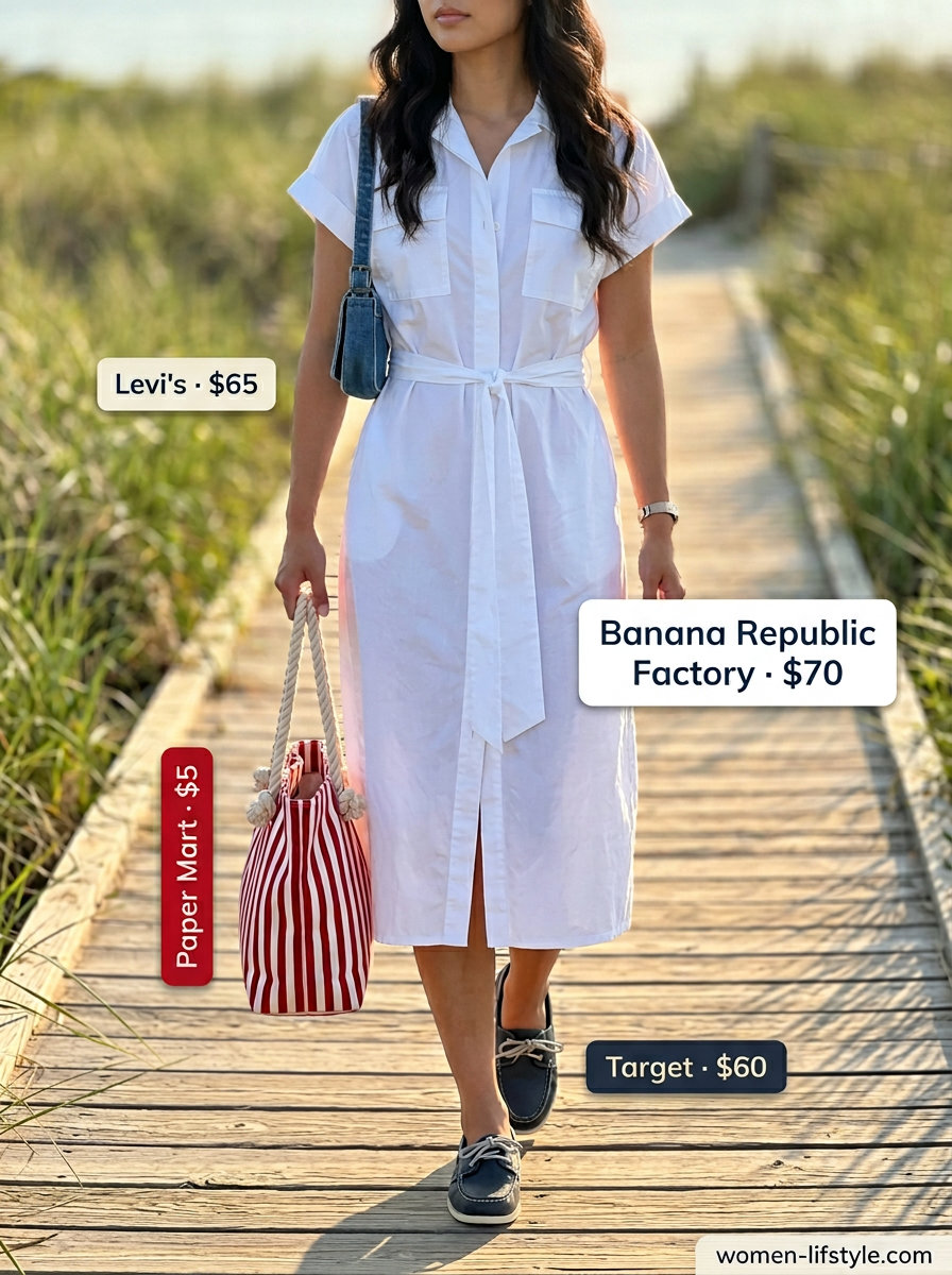 Crisp white cotton shirt dress for women 2026, perfect for beach days and coastal town visits.