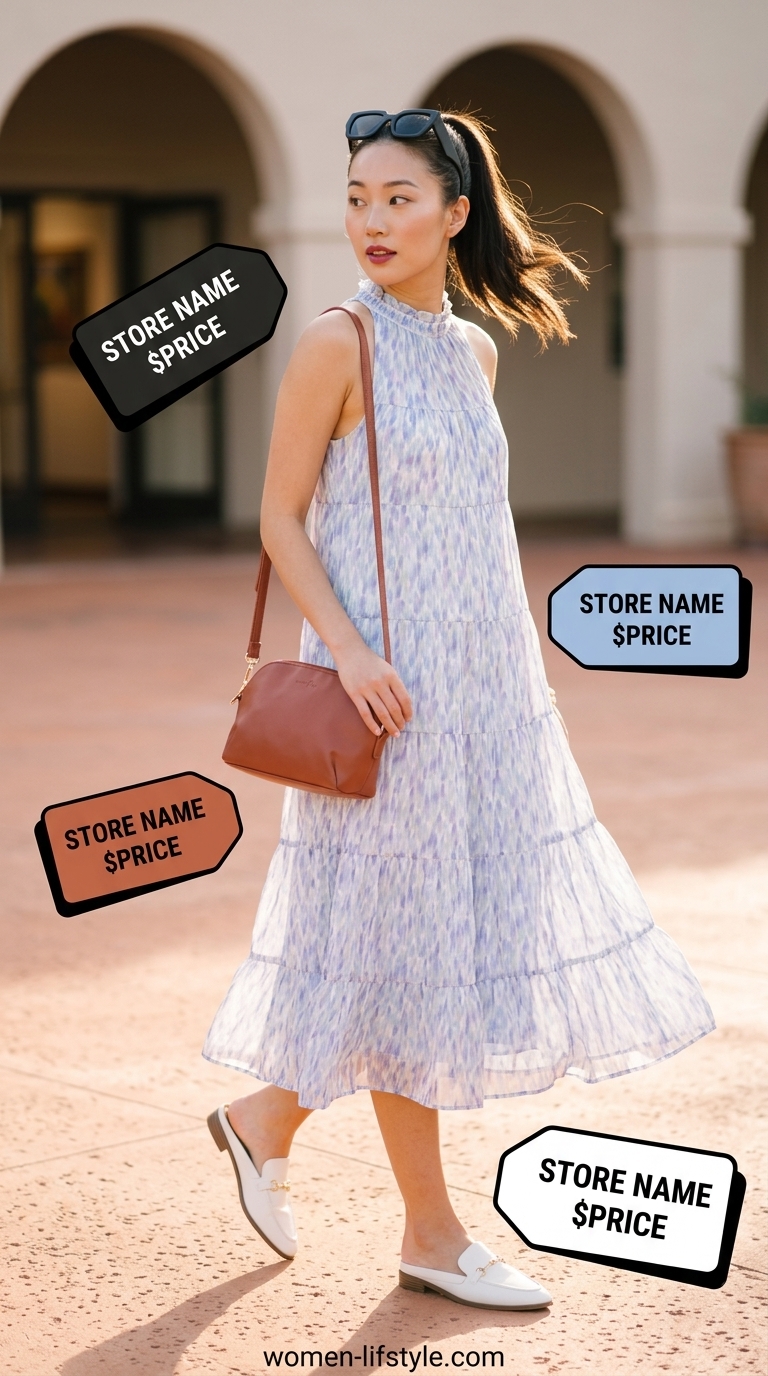 Muted blue terracotta print midi sundress for women 2026, ideal for museum visits or city exploration. Pair with crossbody and mules.