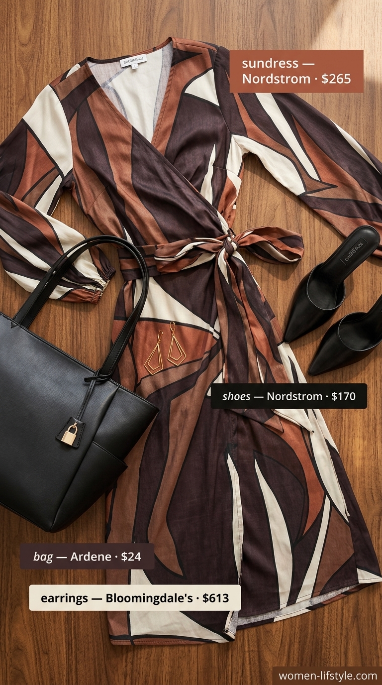 Sophisticated rust and beige abstract print midi sundress for women 2026, perfect for brunch or art events.