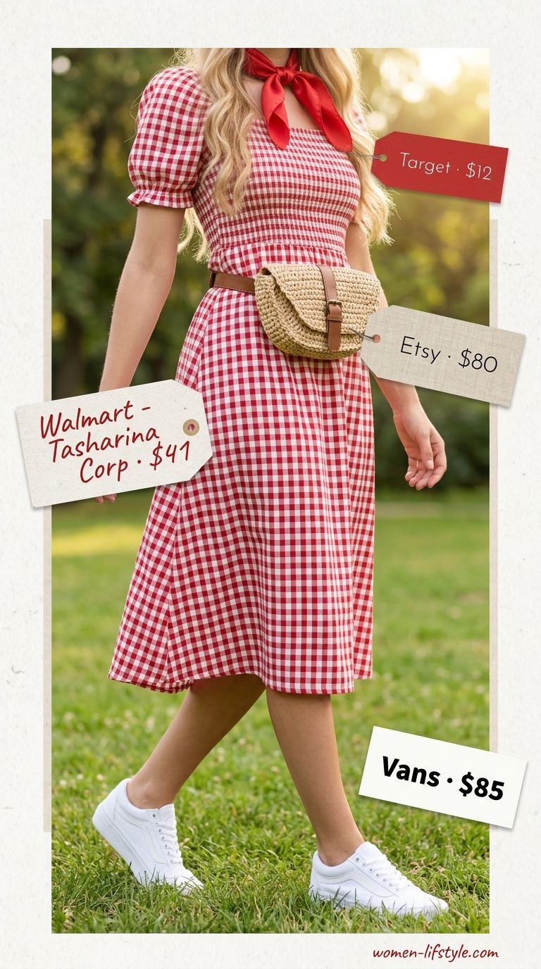 Backyard BBQ summer sundress for women 2026: Red gingham midi sundress, straw belt bag, red bandana, white sneakers.