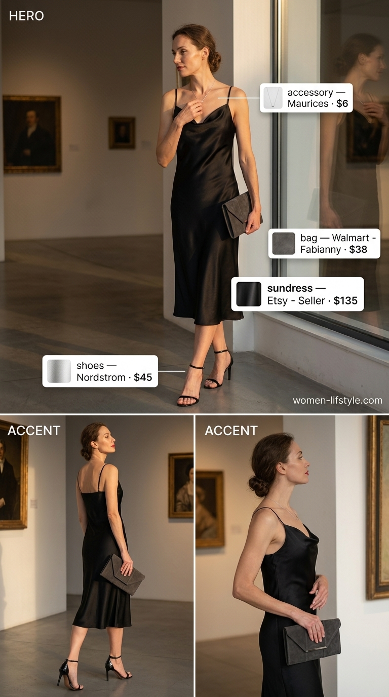 Jet black satin slip sundress for women 2026, for evening events or cocktail hour. Pair with strappy sandals and clutch.