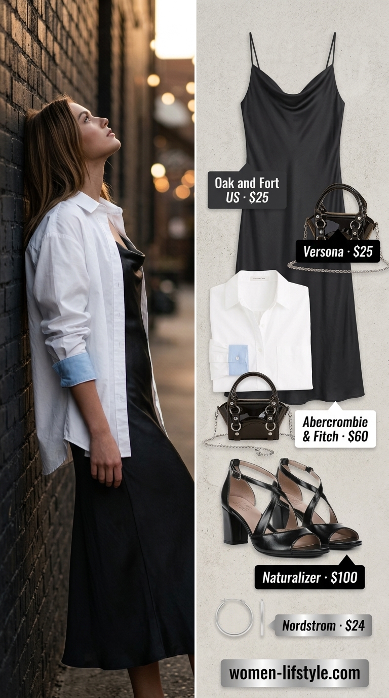 Black matte satin midi sundress for women 2026, for city dinners or date nights. Layer with white button-down and block heels.