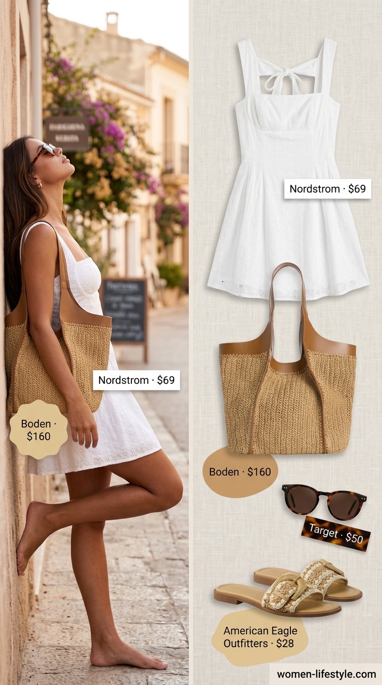 Coastal brunch summer sundress for women 2026: White eyelet mini sundress, straw tote, tan slide sandals, tortoise sunglasses.
