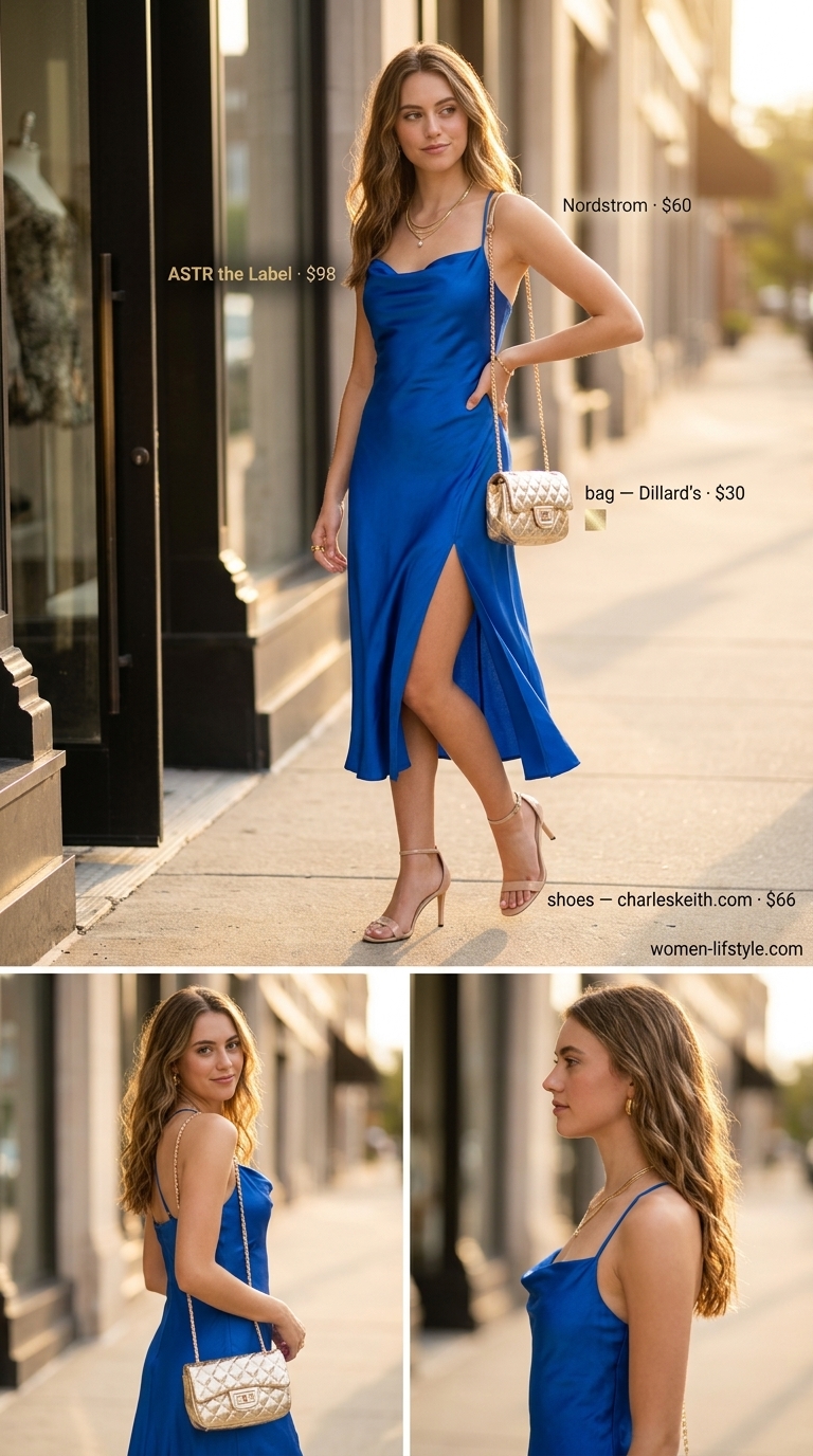 Chic cobalt blue satin midi sundress for women 2026, perfect for cocktail parties or date nights.