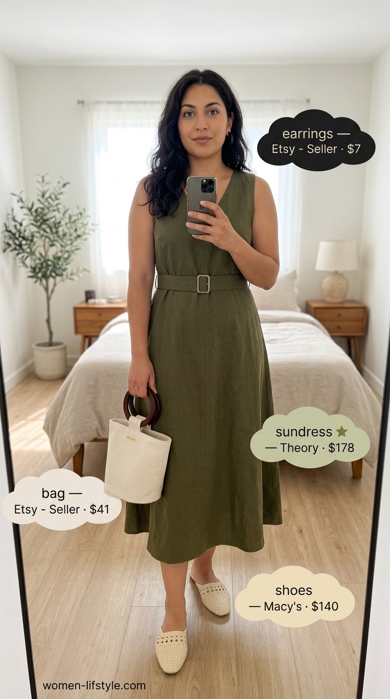 Earthy tones summer sundress for women 2026: Olive green linen midi sundress, wood handle bag, cream leather mules.