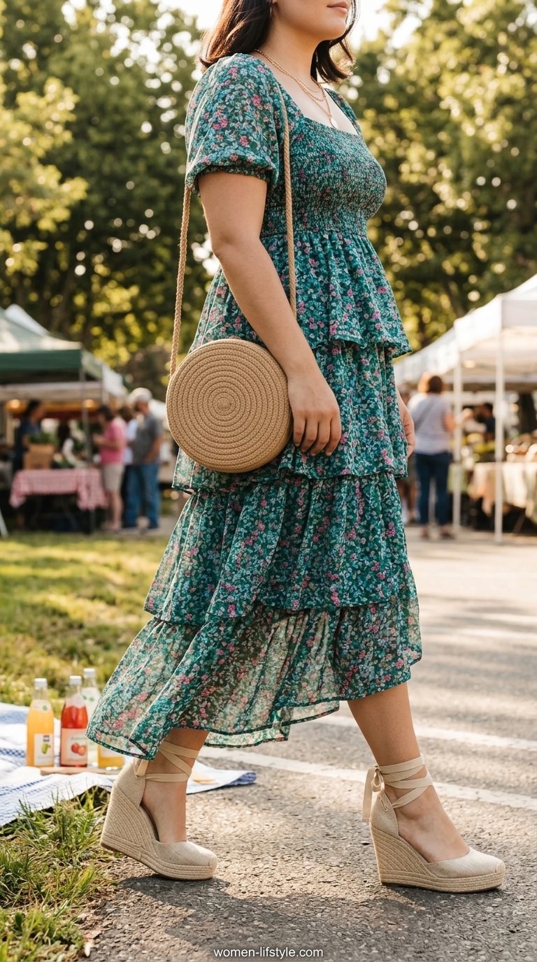 Emerald green floral midi sundress for women 2026, perfect for farmers markets or festivals. Layered gold necklaces complete the boho look.