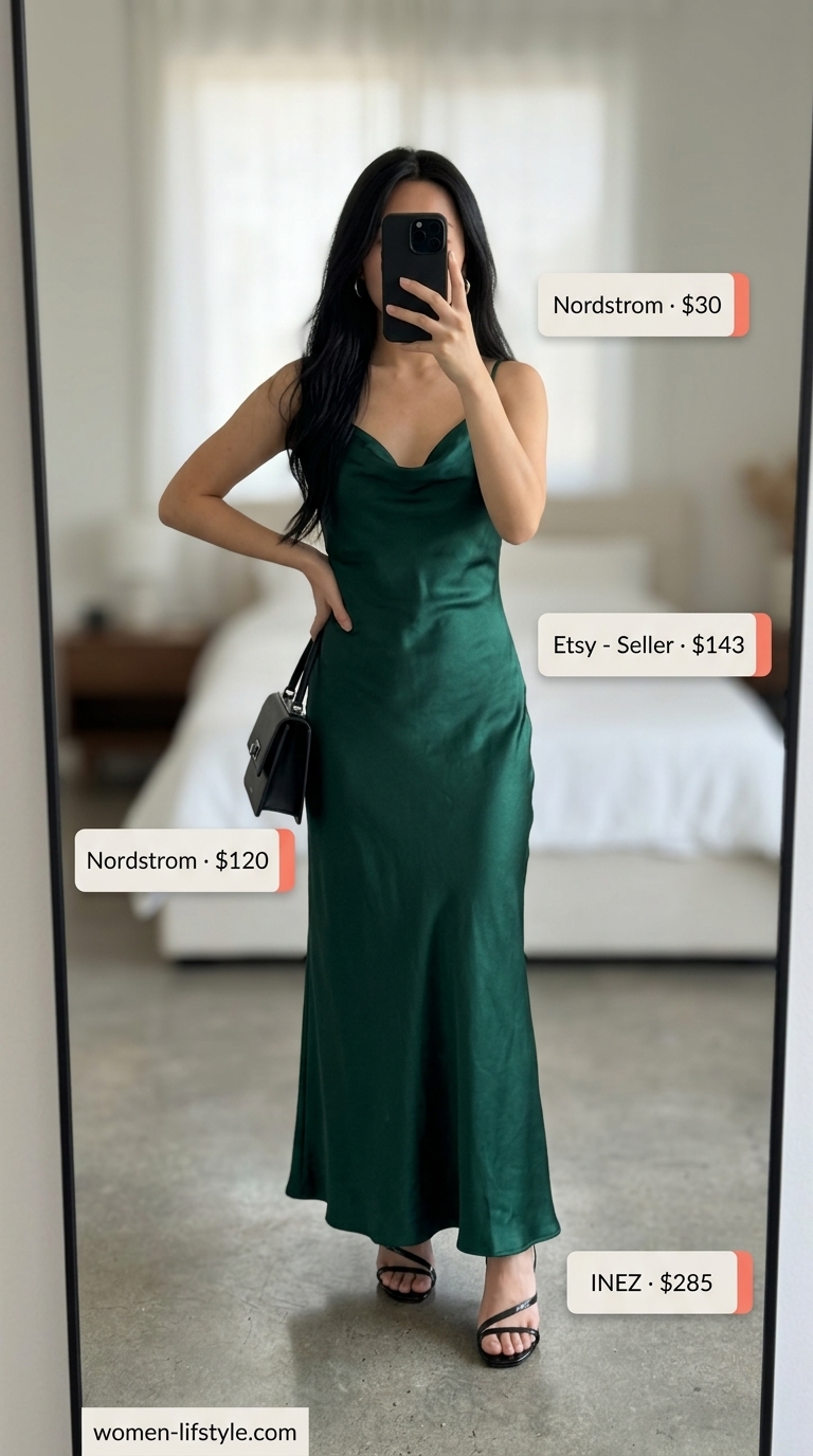 Sleek emerald green satin maxi sundress for women 2026, ideal for evening events or dinner dates.