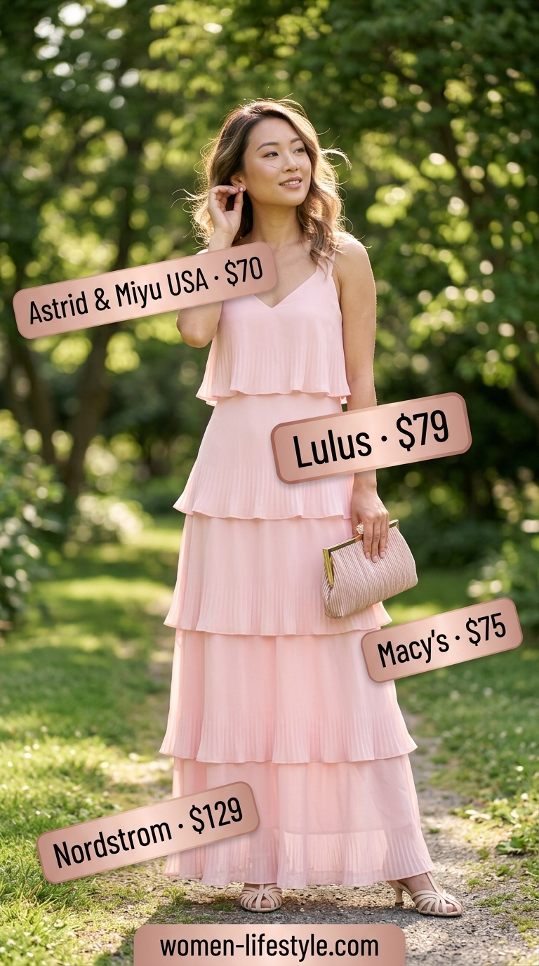 Romantic garden summer sundress for women 2026: Blush pink tiered maxi sundress, rose gold accessories, cream kitten heels.