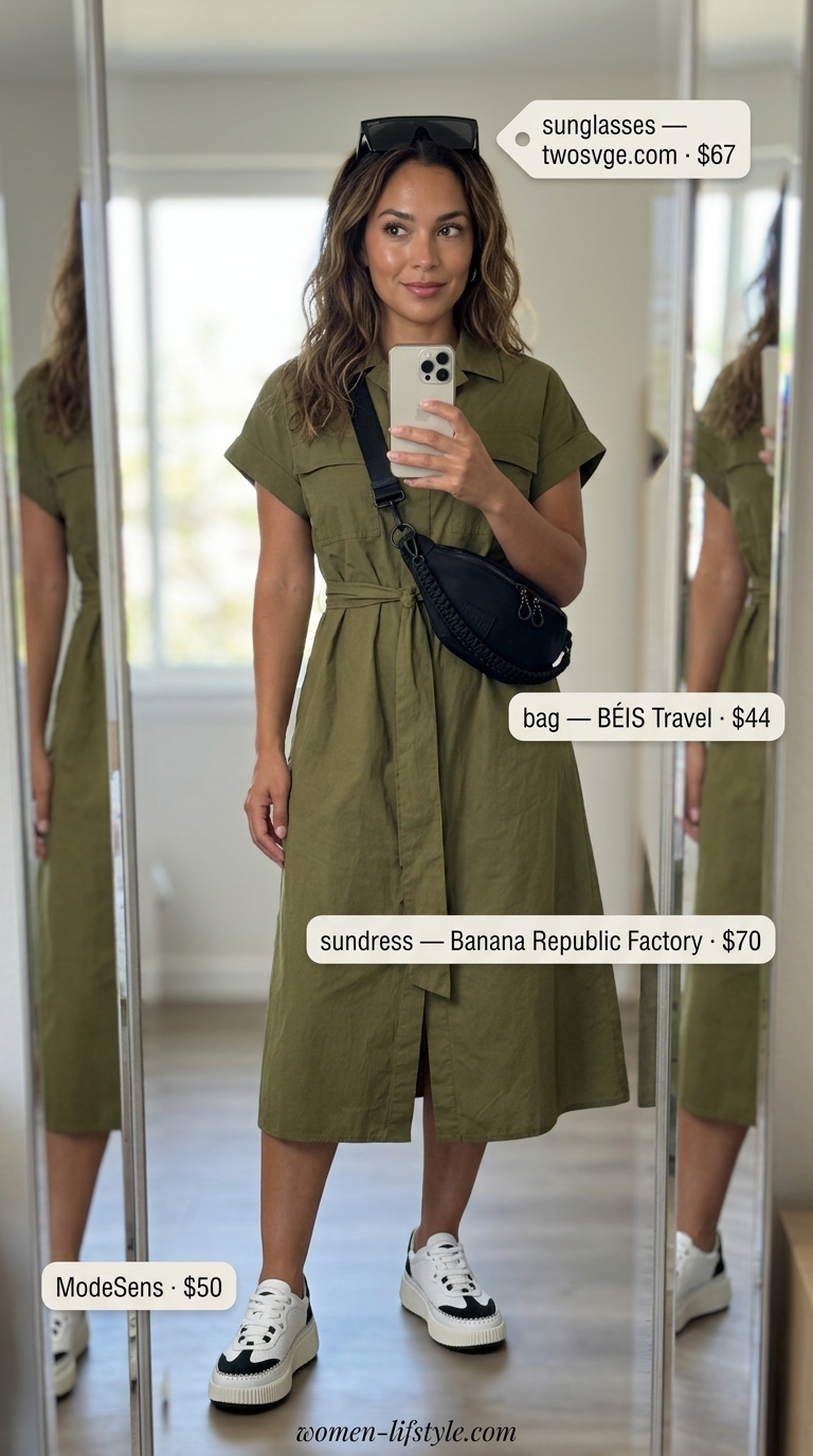 Modern safari summer sundress for women 2026: Khaki utility midi sundress, black belt bag, platform sneakers.