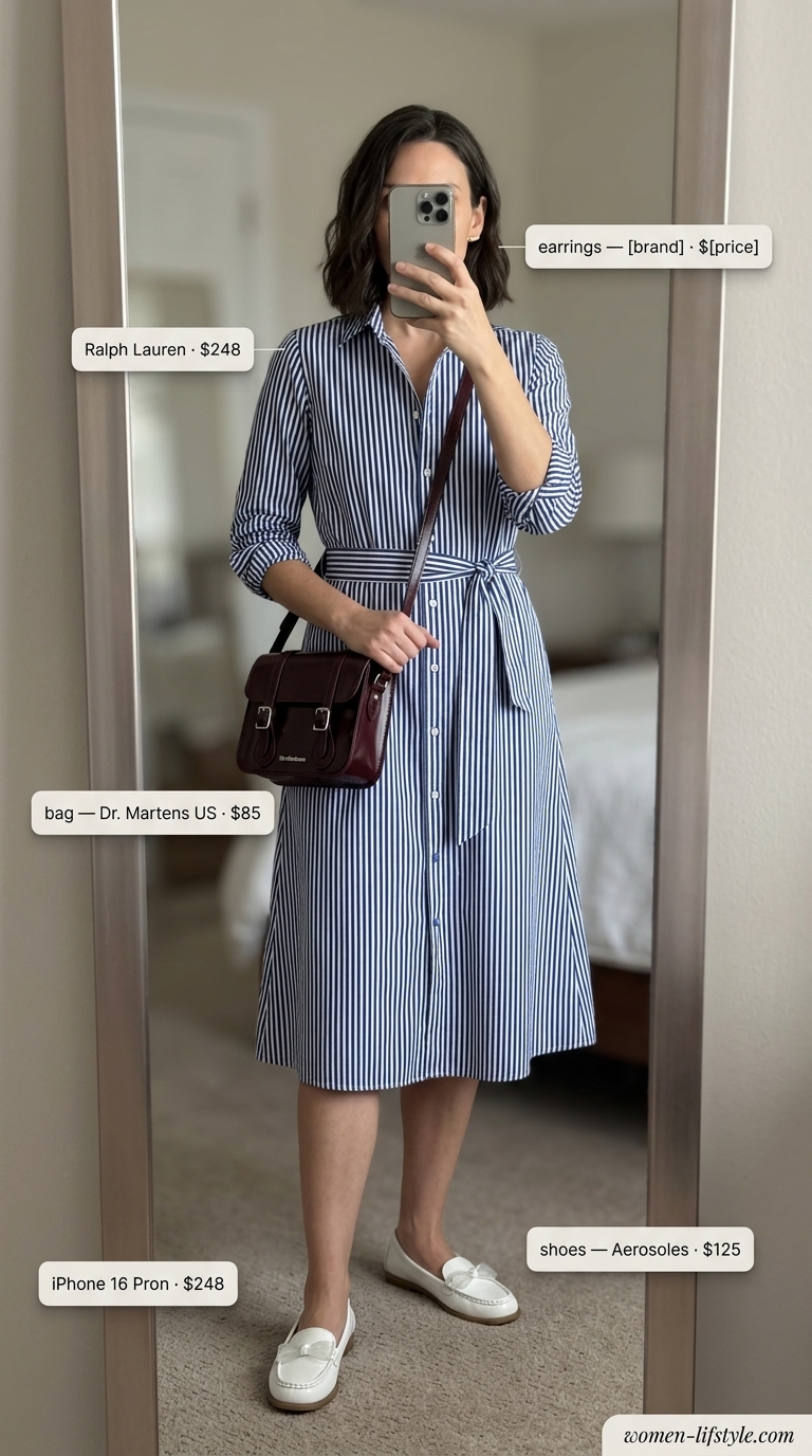 Chic Parisian summer sundress for women 2026: Navy and white striped shirtdress, red crossbody bag, white loafers.