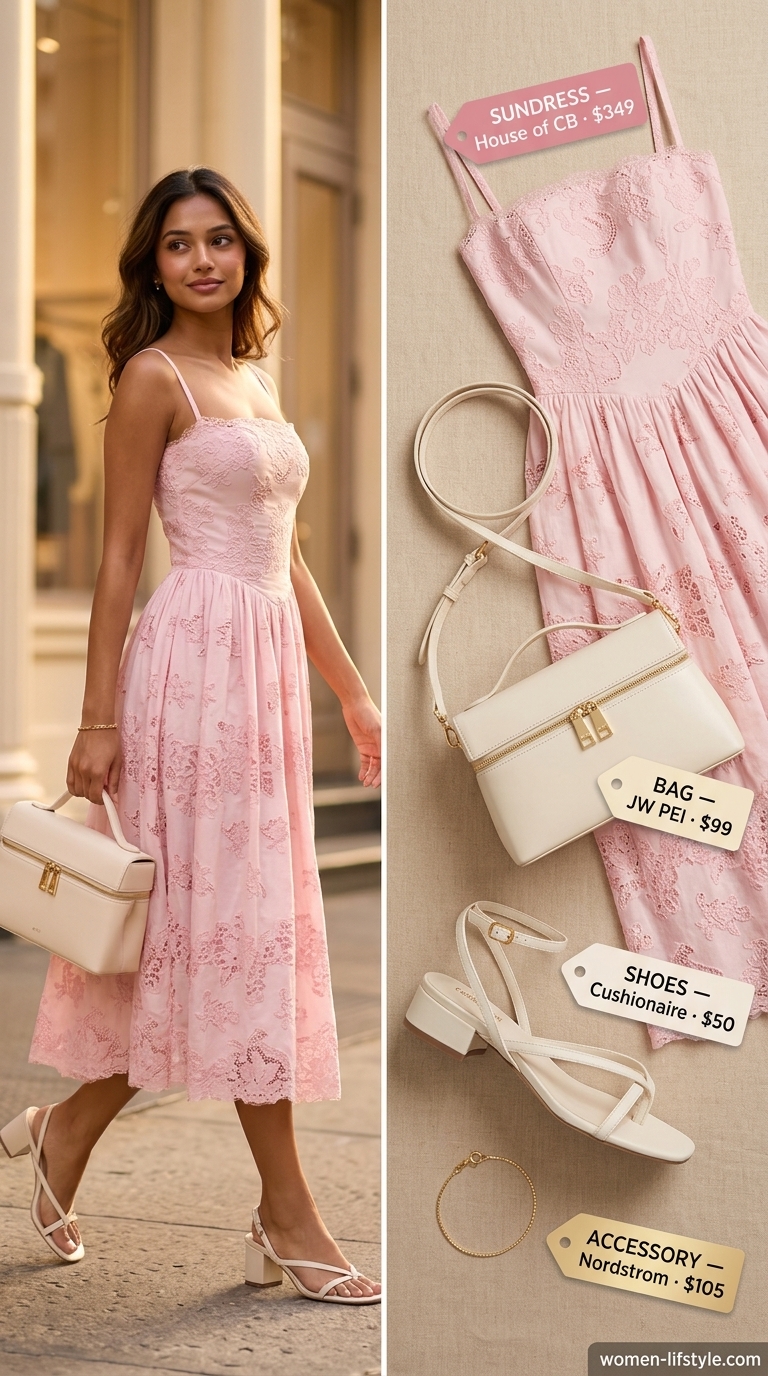 Blush pink eyelet midi sundress for women 2026, for garden parties or afternoon tea. Style with block heels and structured bag.