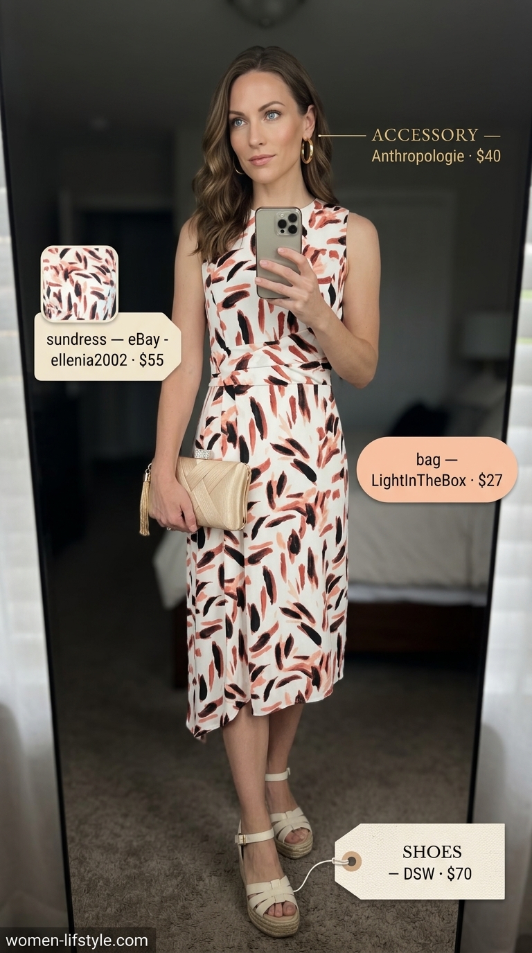 Resort sunset summer sundress for women 2026: Terracotta abstract maxi sundress, gold clutch, cream espadrilles.