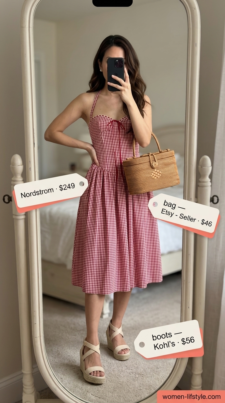 Retro cherry red gingham midi sundress for women 2026, ideal for farmer's markets or casual garden parties.