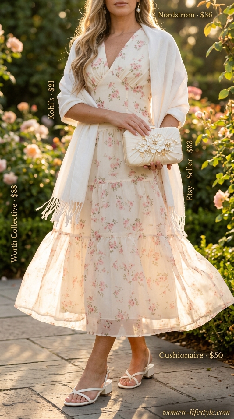 Romantic blush pink floral midi sundress for women 2026, perfect for garden parties or weddings.