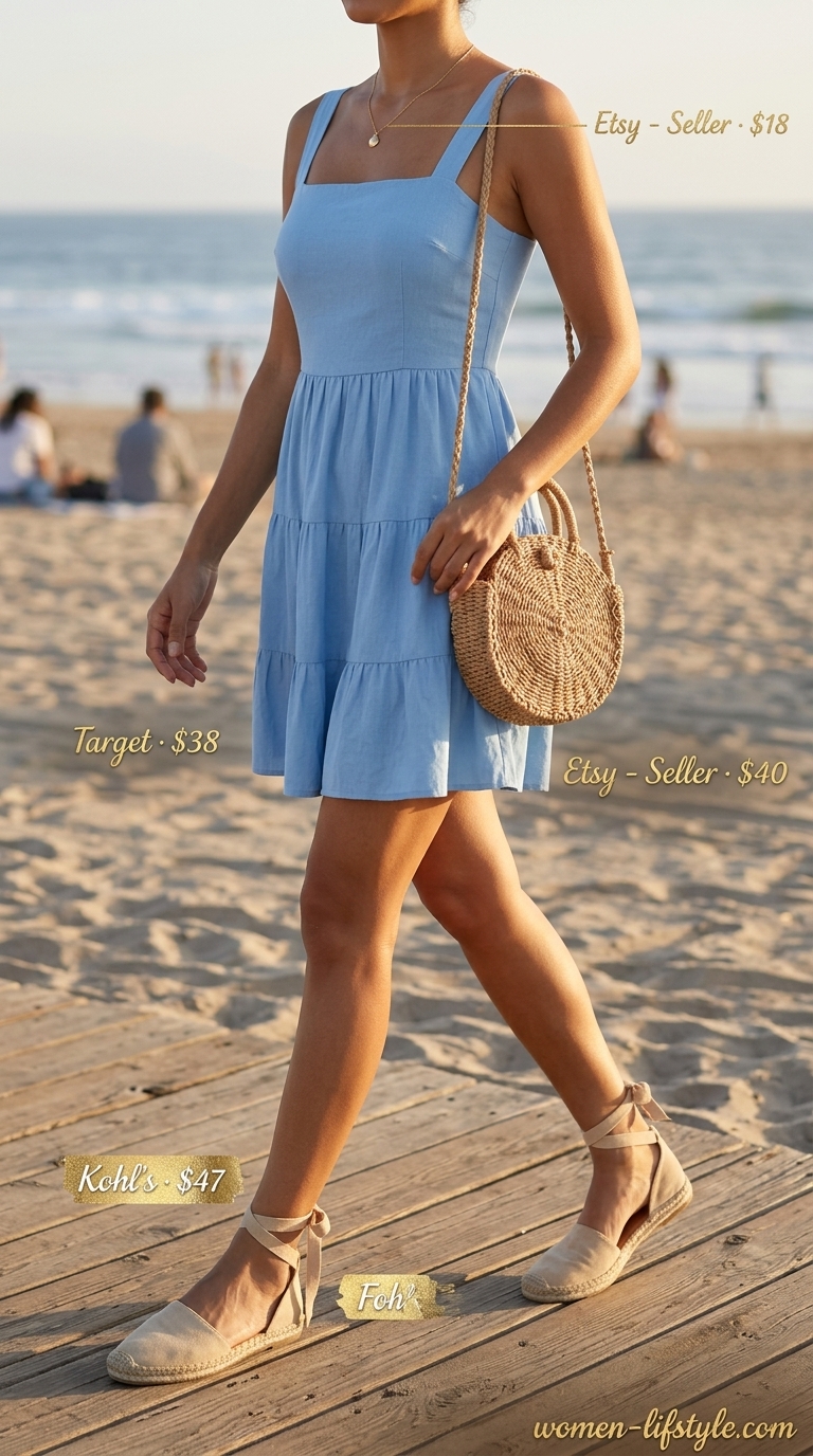 Sky blue A-line sundress for women 2026, ideal for beach days or vacation. Accessorize with gold necklace and straw crossbody.