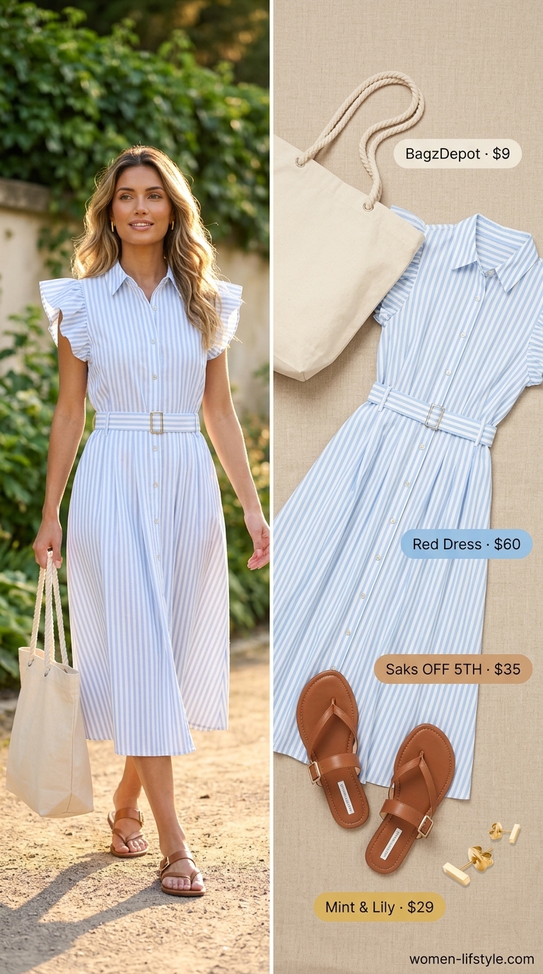 Sky blue and white stripe midi shirtdress sundress for women 2026, for coastal vacations and brunch. Style with straw hat and tote.