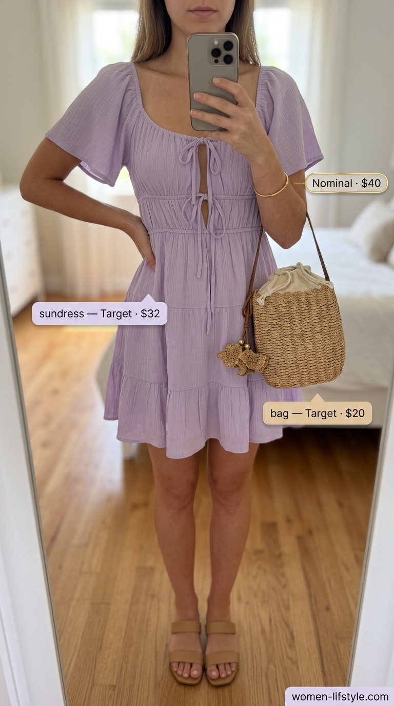 Sweet summer sundress for women 2026: Lavender smocked mini sundress, raffia bucket bag, white flat sandals.