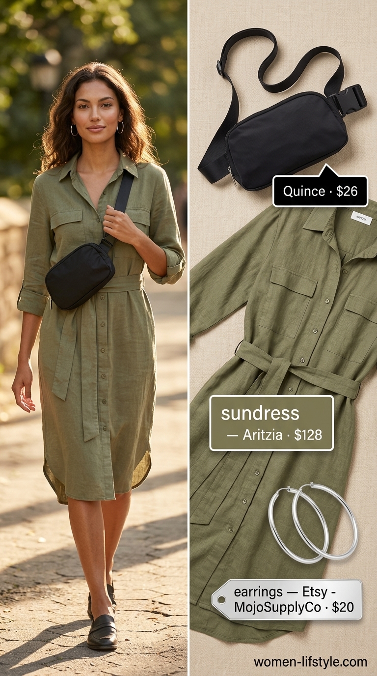 Urban khaki green utility mini sundress for women 2026, great for city sightseeing or casual days.