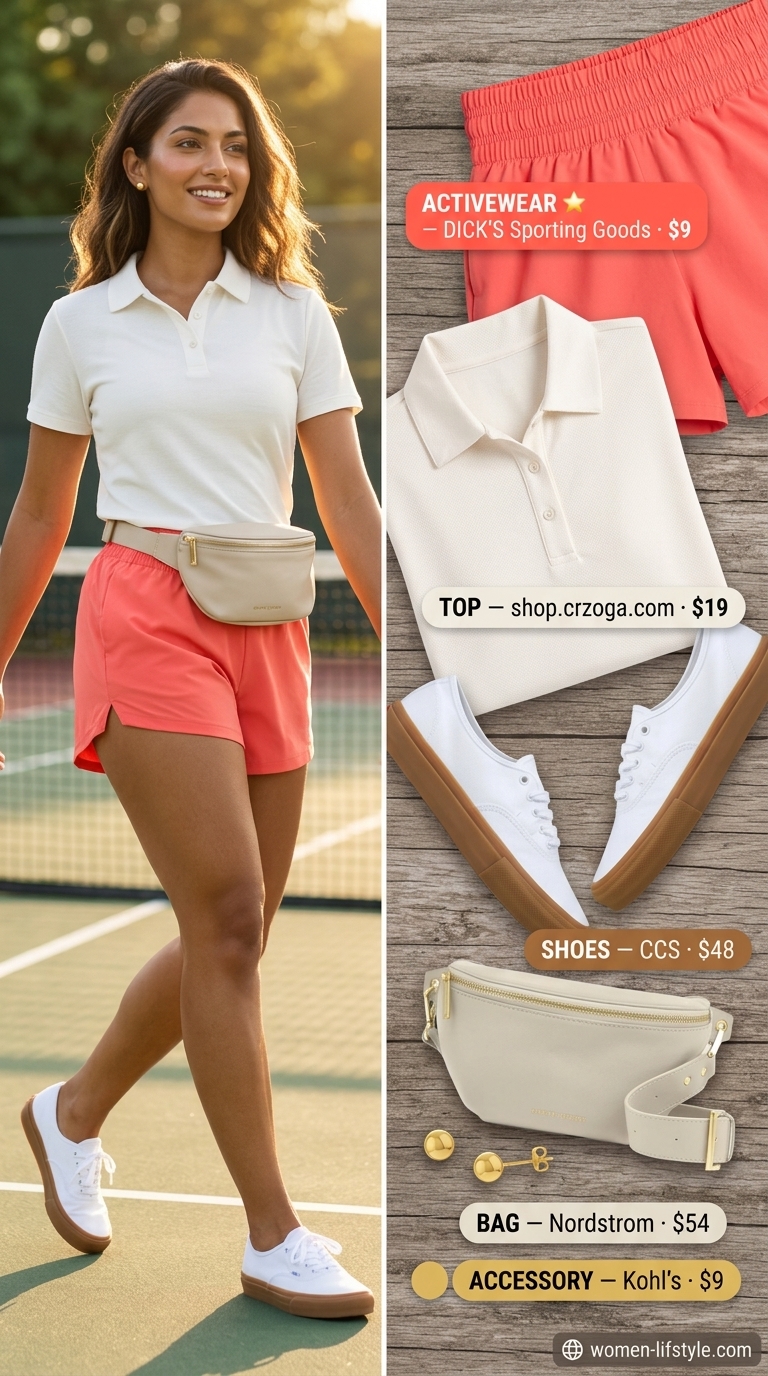 Coral tennis shorts and cream polo for summer tennis activewear for women 2026. Preppy and playful.