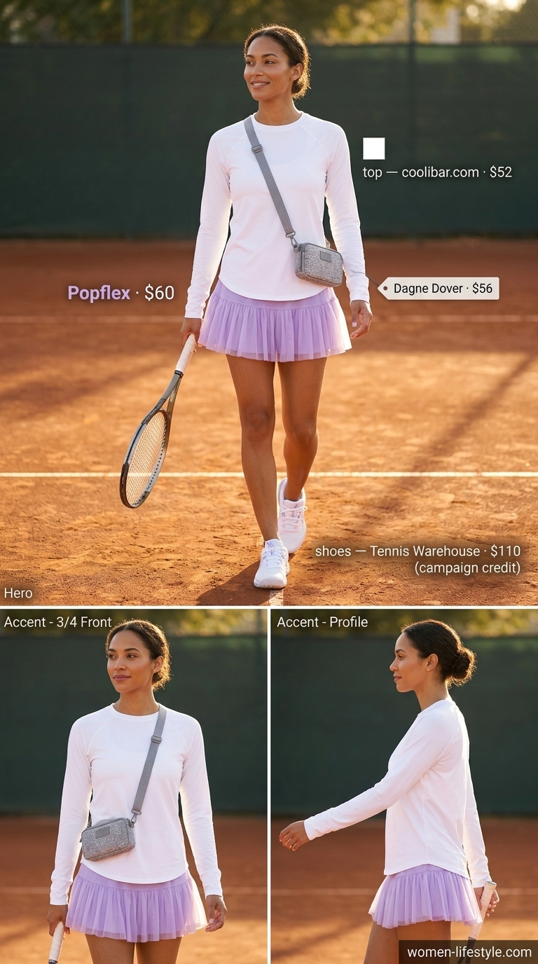 Lavender tennis skirt and white long-sleeve top for summer tennis activewear for women 2026. Protected and calm.