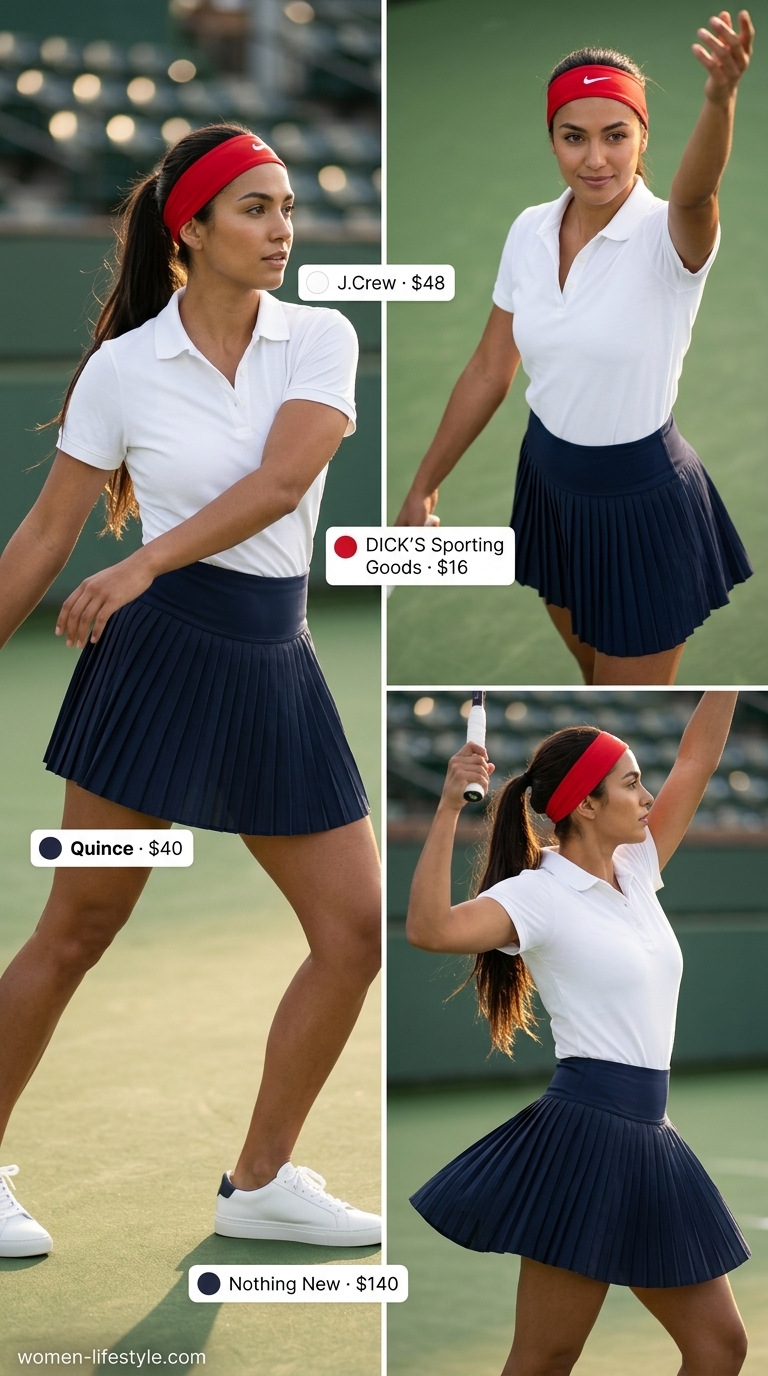 Navy blue tennis skirt and white polo for women, classic summer activewear 2026. Timeless and elegant.