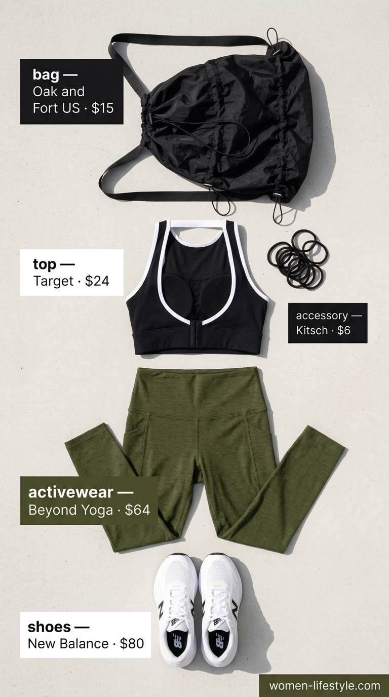 Olive green leggings and black tank for women, versatile summer activewear 2026. Ideal for training.