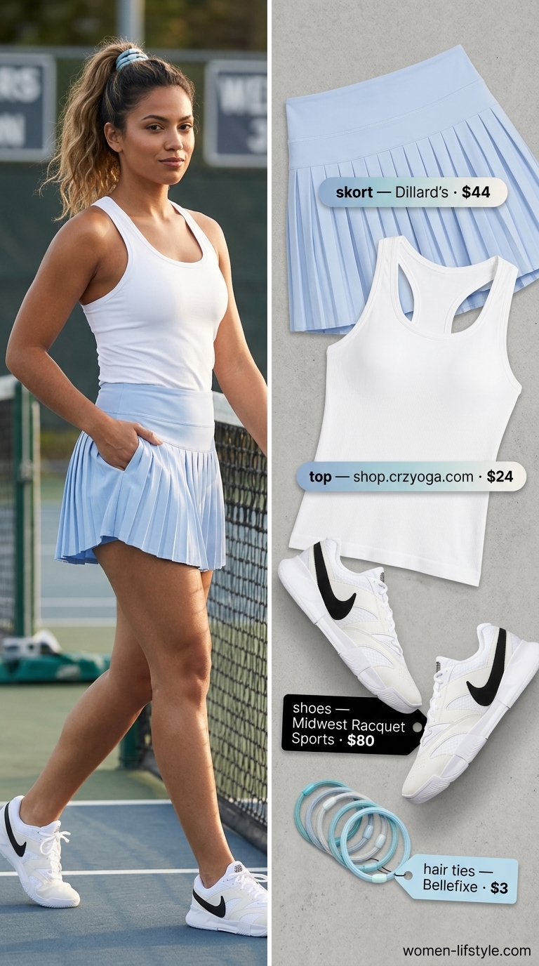 Sky blue tennis skort and white tank for summer tennis activewear for women 2026. Fresh and energetic.