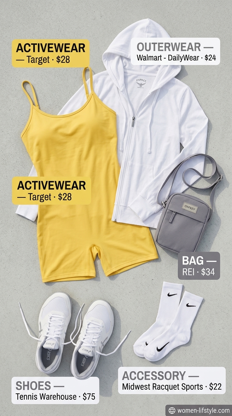 Sunny yellow tennis romper for women, perfect summer activewear 2026. Casual and comfortable for matches.