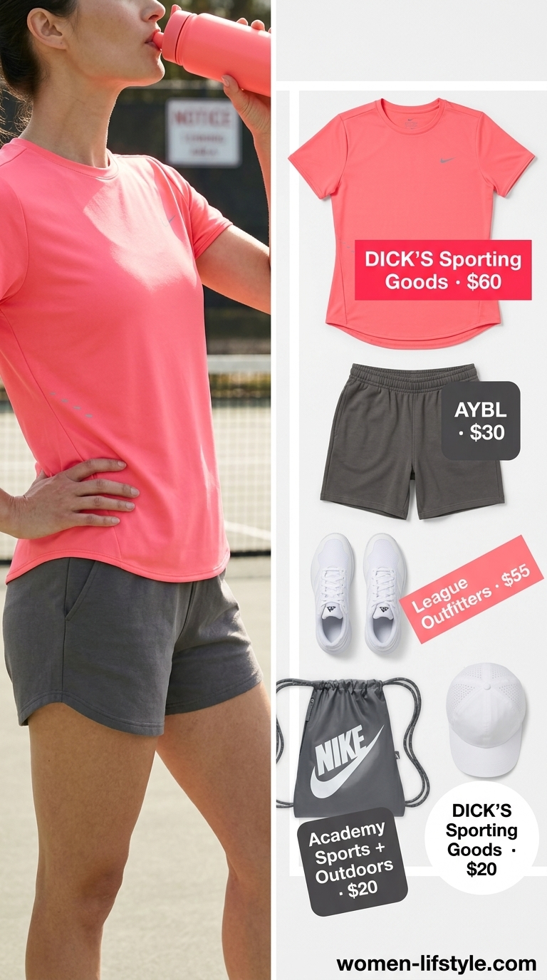 Charcoal gray shorts and coral pink tee for women, summer tennis activewear 2026. Great for training.