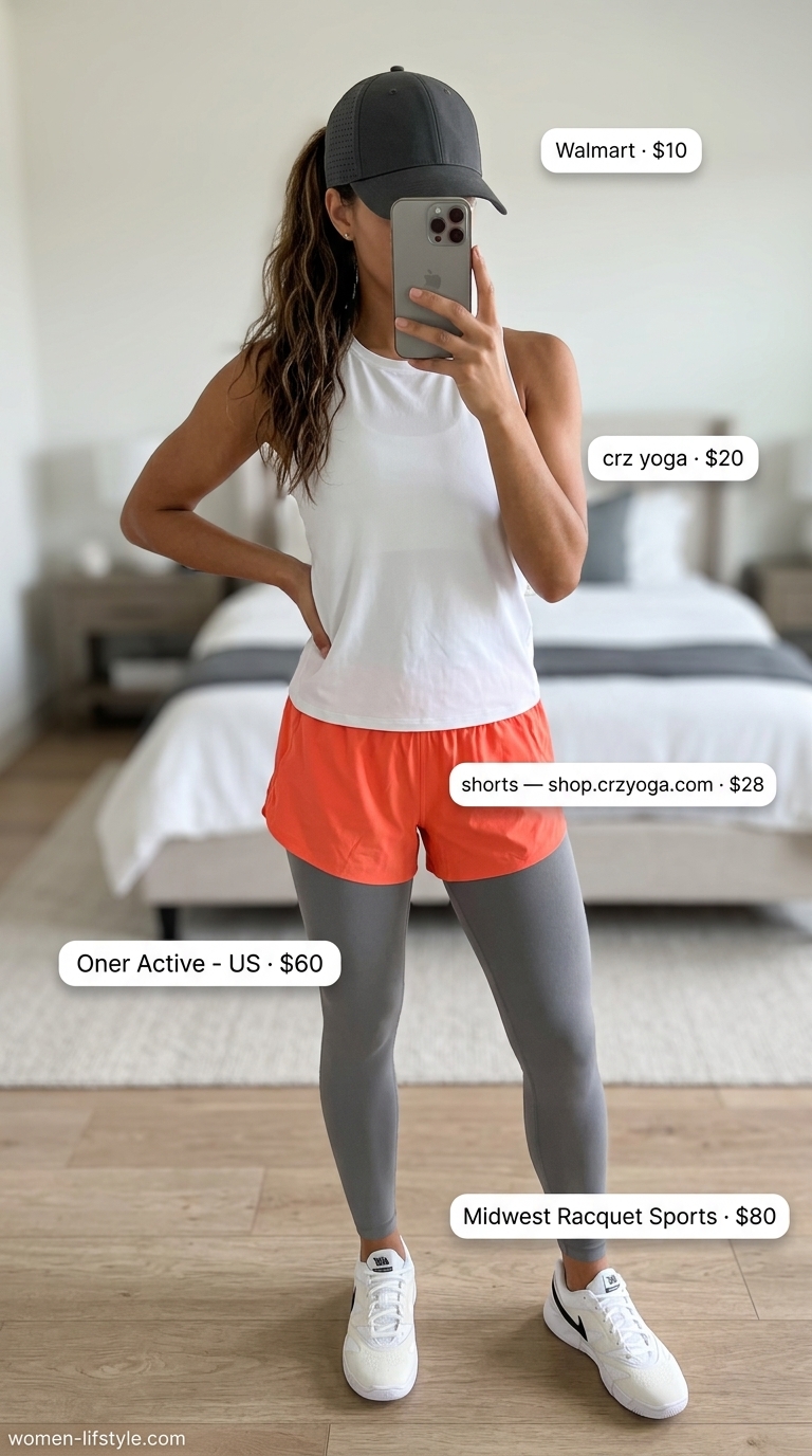 Vibrant coral tennis shorts and white tank for summer tennis activewear for women 2026. Energetic and bold.