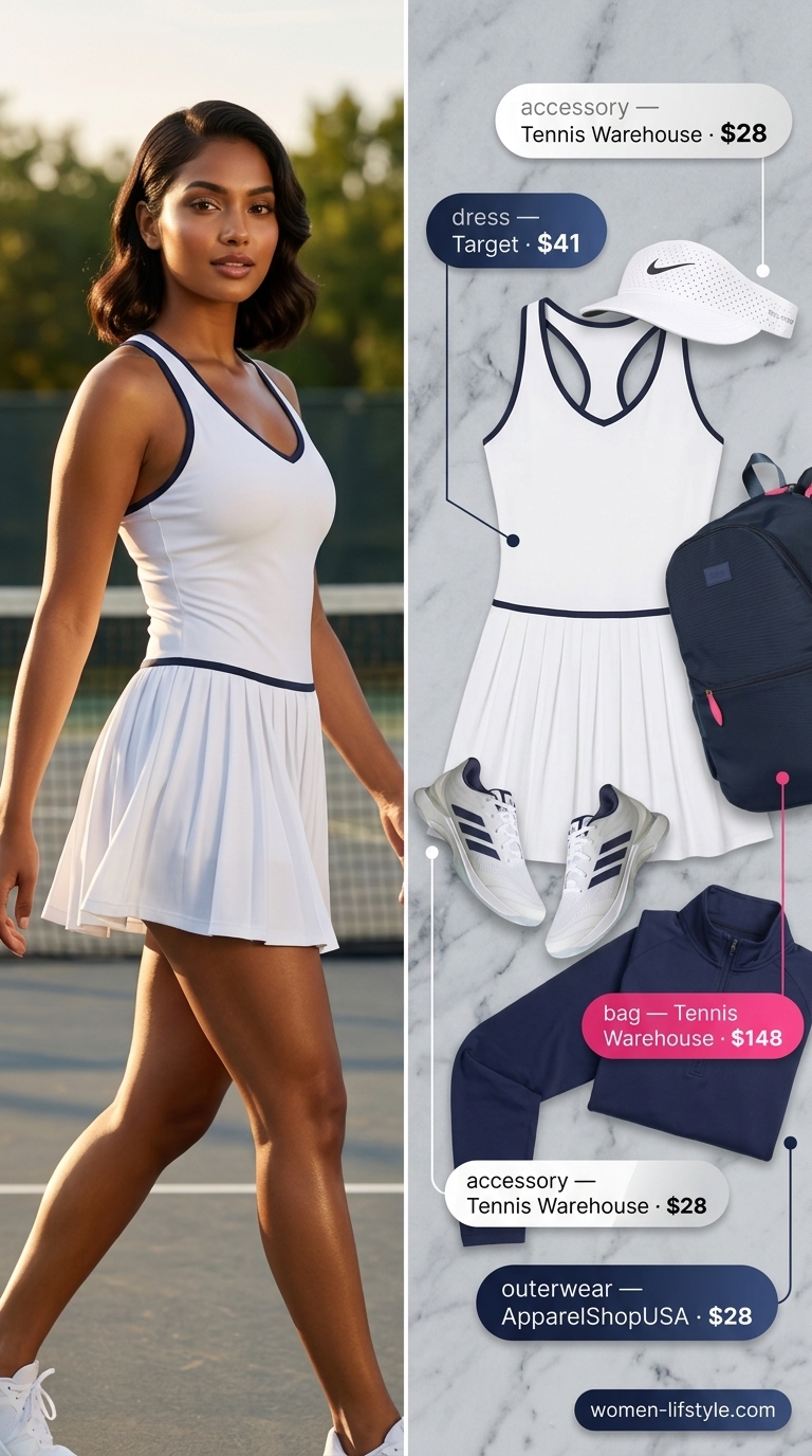 White tennis dress for women, classic summer activewear 2026. Elegant for matches and events.