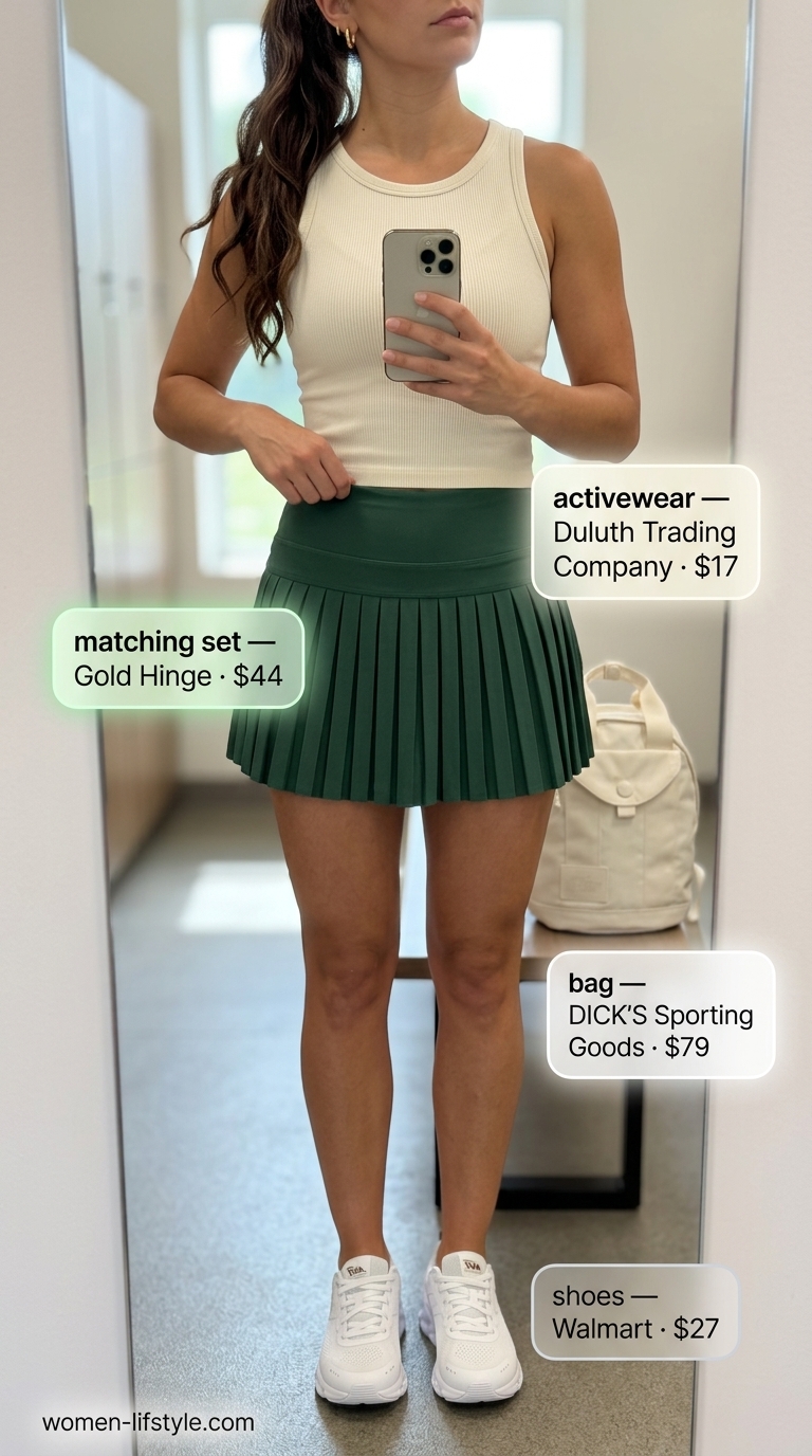 Summer tennis activewear for women 2026: Forest green skirt set, cream backpack & gold earrings for a stylish day.