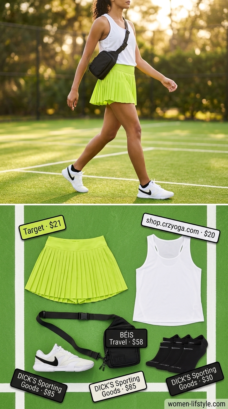 Summer tennis activewear for women 2026: Lime green skirt, white tank, black socks & trainers for energetic play.