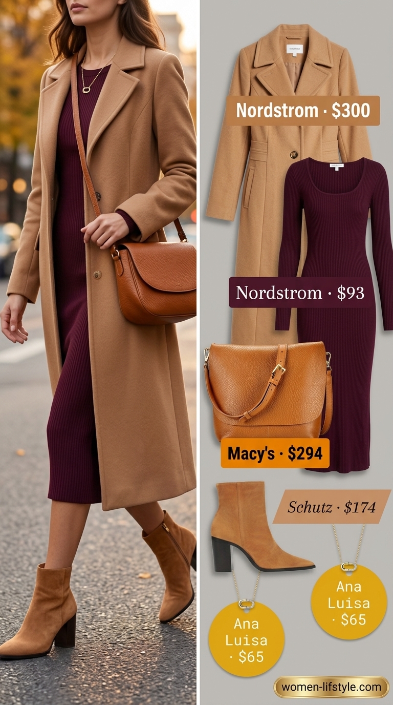 Burgundy knit dress, camel coat, suede boots for sophisticated summer to fall transition dress outfits 2026.