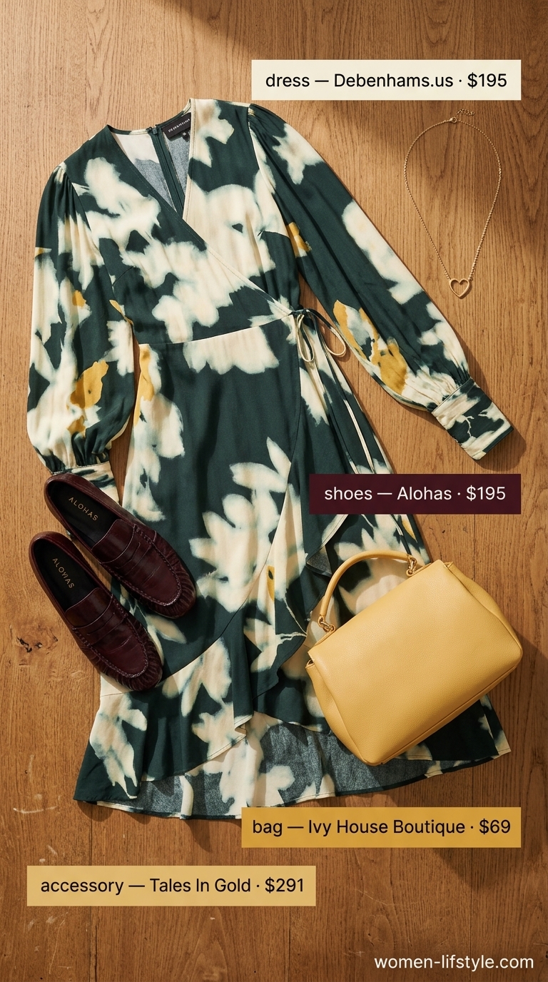 Burgundy floral midi dress, cream cropped cardigan, mustard bag for summer to fall transition dress outfits 2026.