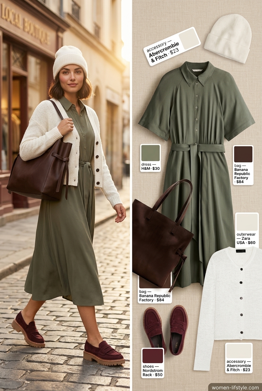 Olive green midi shirt dress, cream cardigan, burgundy loafers for summer to fall transition outfits 2026.