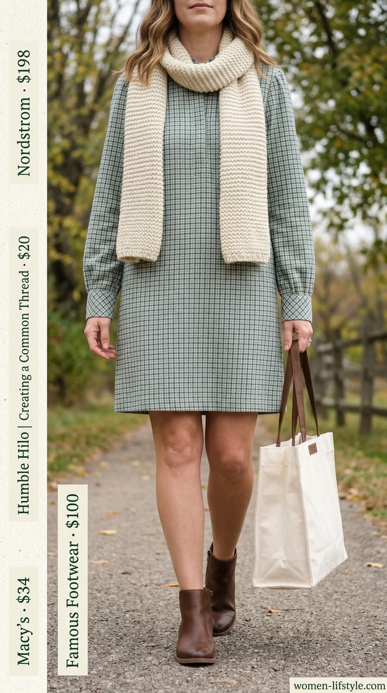 Plaid shirt dress, brown boots, cream scarf for classic summer to fall transition dress outfits 2026.