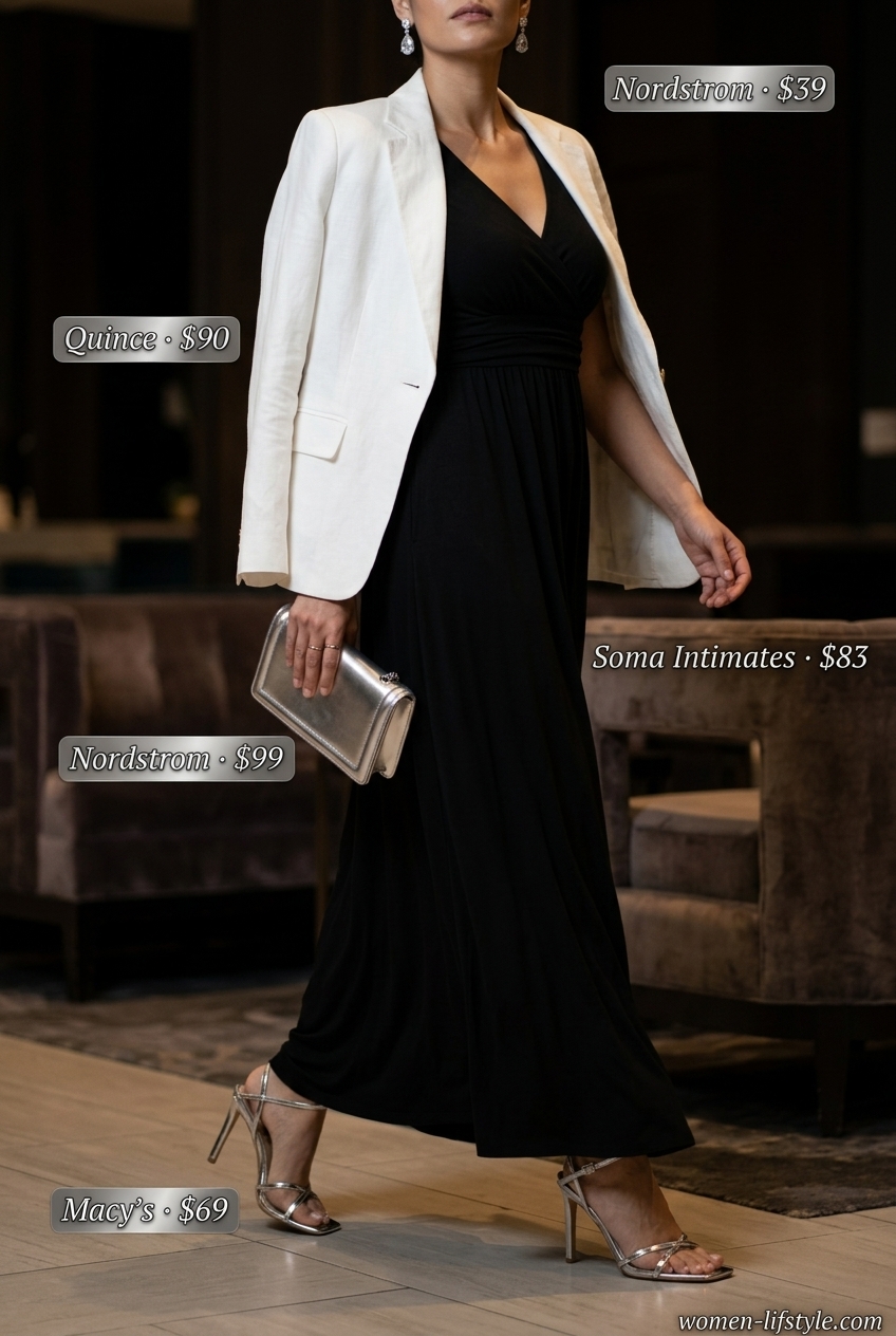 Sophisticated summer to fall transition dress outfits 2026: Black maxi dress, white blazer, silver heels, crystal earrings.