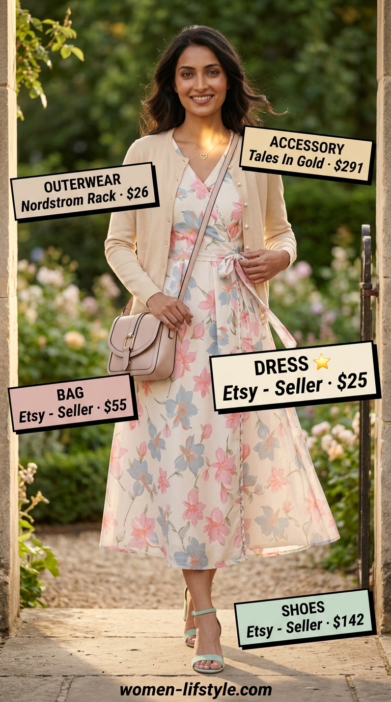 Feminine summer to fall transition dress outfits 2026: Pastel pink floral midi wrap dress, cream cardigan, suede sandals.