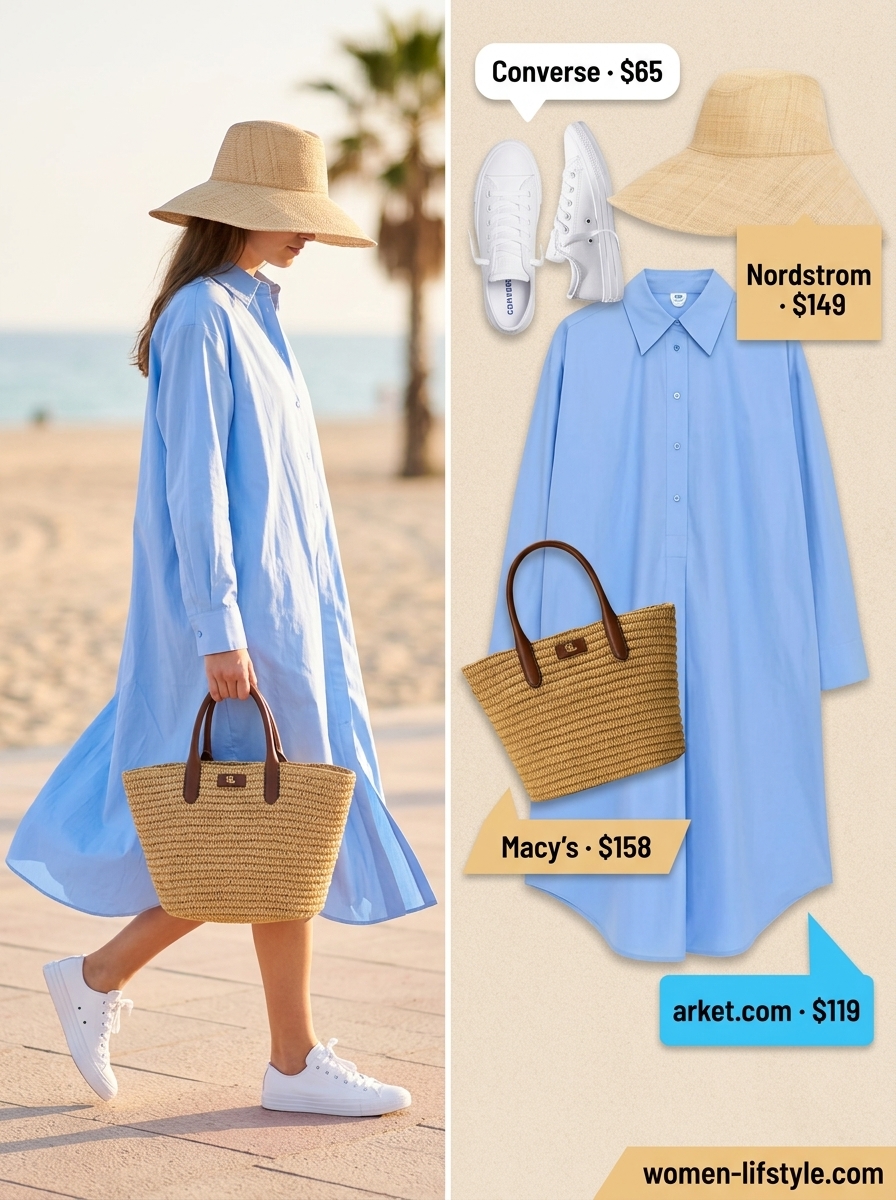Light blue oversized shirt dress, white sneakers, straw hat for casual summer to fall transition outfits 2026.