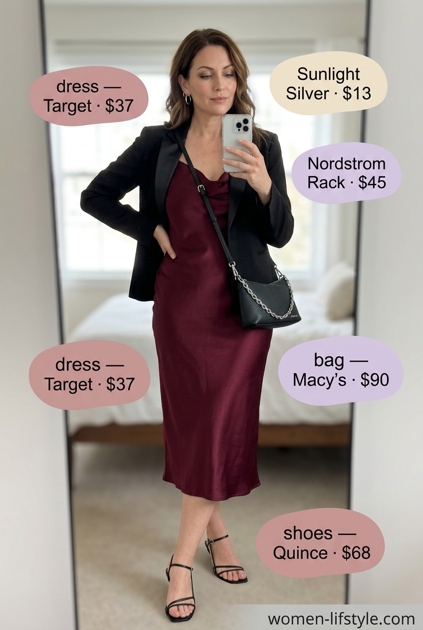 Burgundy slip dress, black blazer, heeled sandals for elegant summer to fall transition dress outfits 2026.