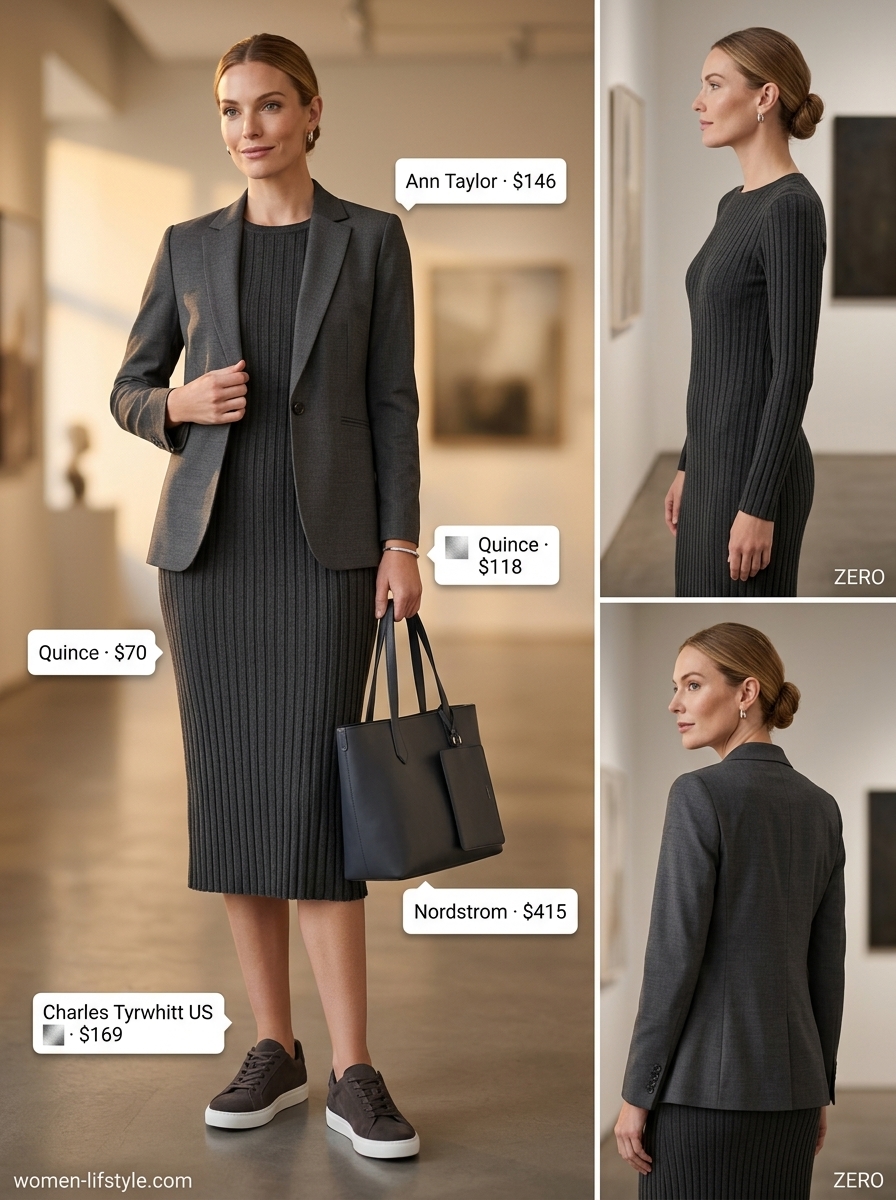Sleek summer to fall transition dress outfits 2026: Grey knit midi dress, charcoal blazer, leather sneakers, silver bracelet.