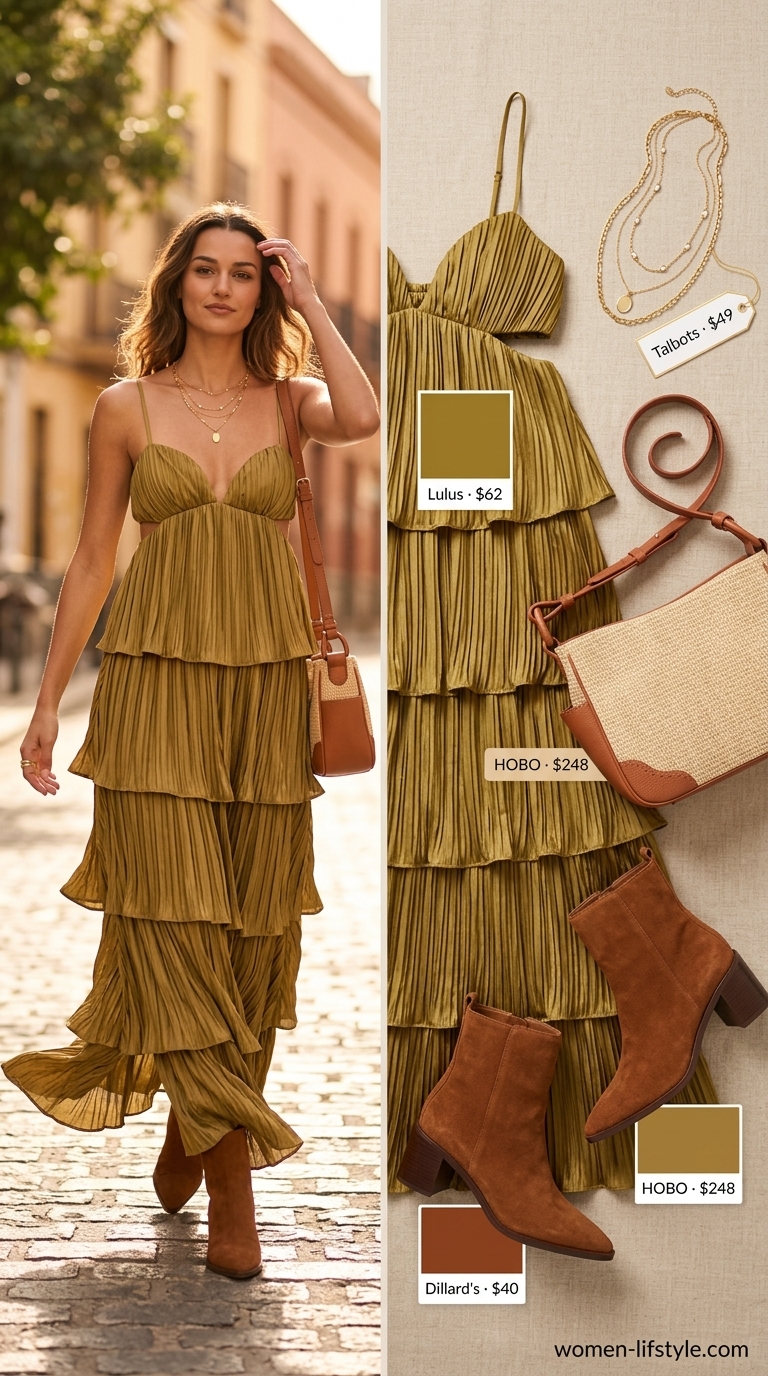 Elegant summer to fall transition dress outfits 2026: Golden yellow maxi dress, suede ankle boots, layered necklaces.