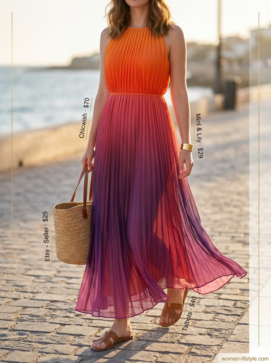 Vibrant summer to fall transition dress outfits 2026: Gradient maxi dress, straw tote, leather slides, gold cuff.