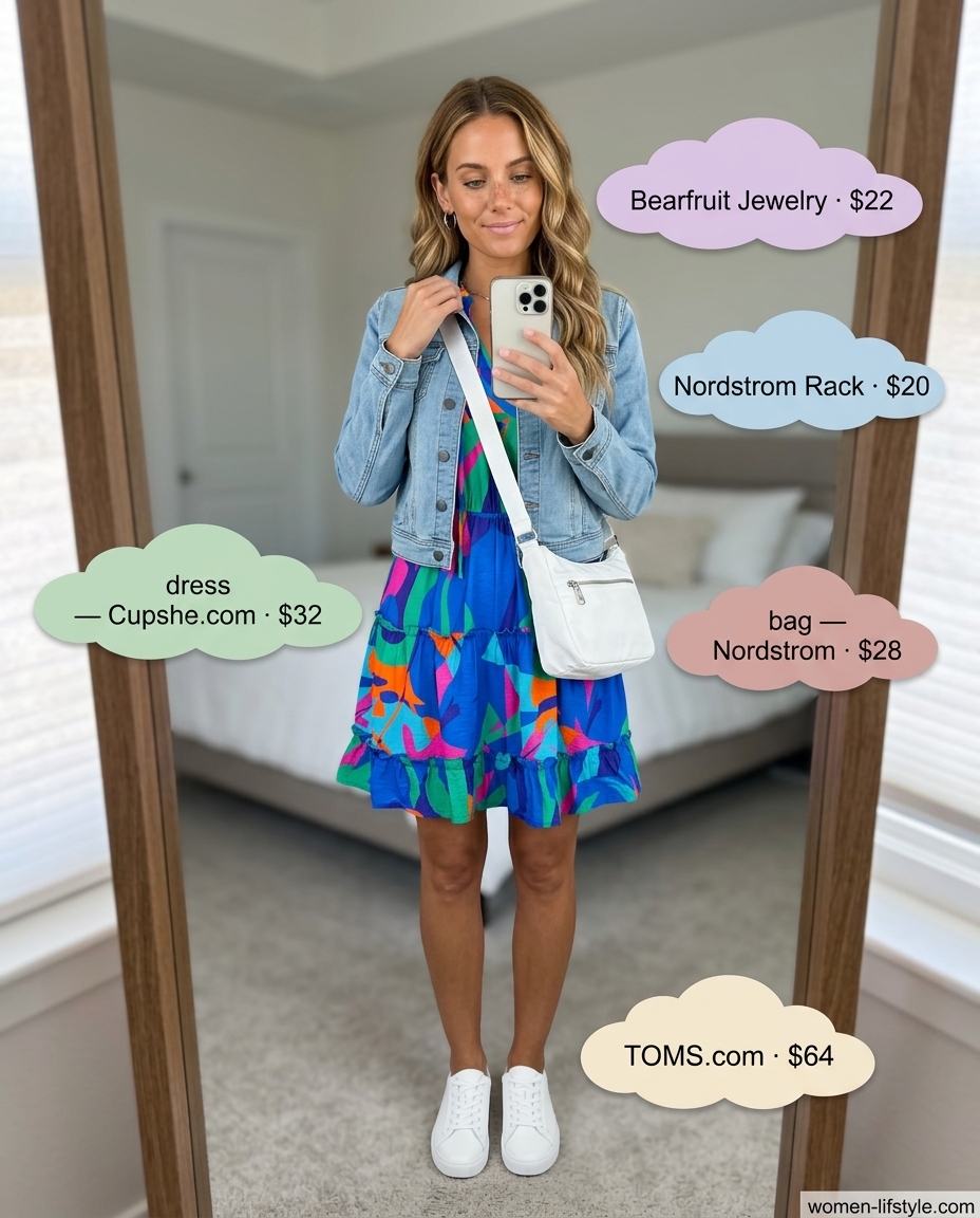 Playful summer to fall transition dress outfits 2026: Multicolor mini dress, denim jacket, white sneakers, crossbody bag.