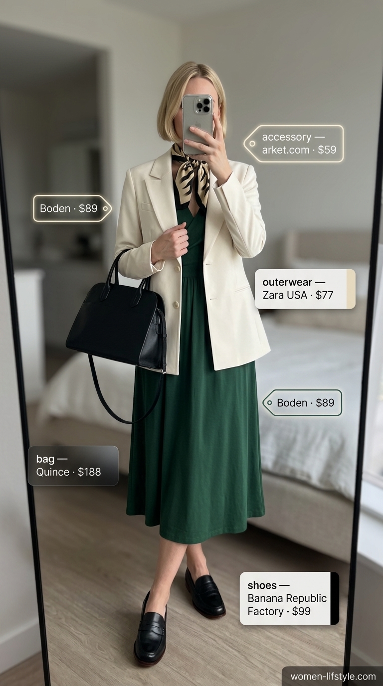 Sophisticated summer to fall transition dress outfits 2026: Forest green midi wrap dress, beige blazer, silk scarf, black loafers.
