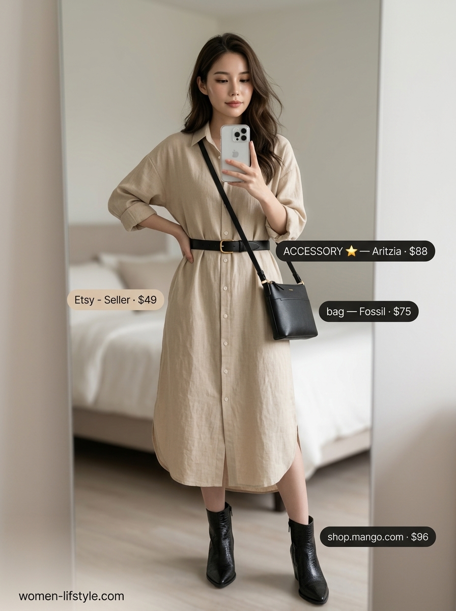 Polished summer to fall transition dress outfits 2026: Beige shirtdress, black belt, leather ankle boots, crossbody bag.