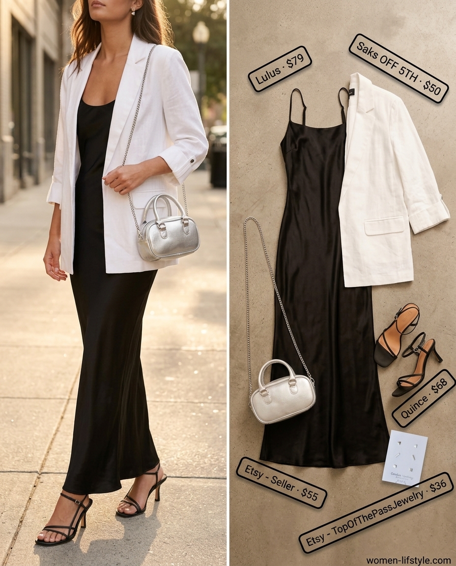 Chic summer to fall transition dress outfits 2026: Black slip dress, white blazer, heeled sandals, chain bag.