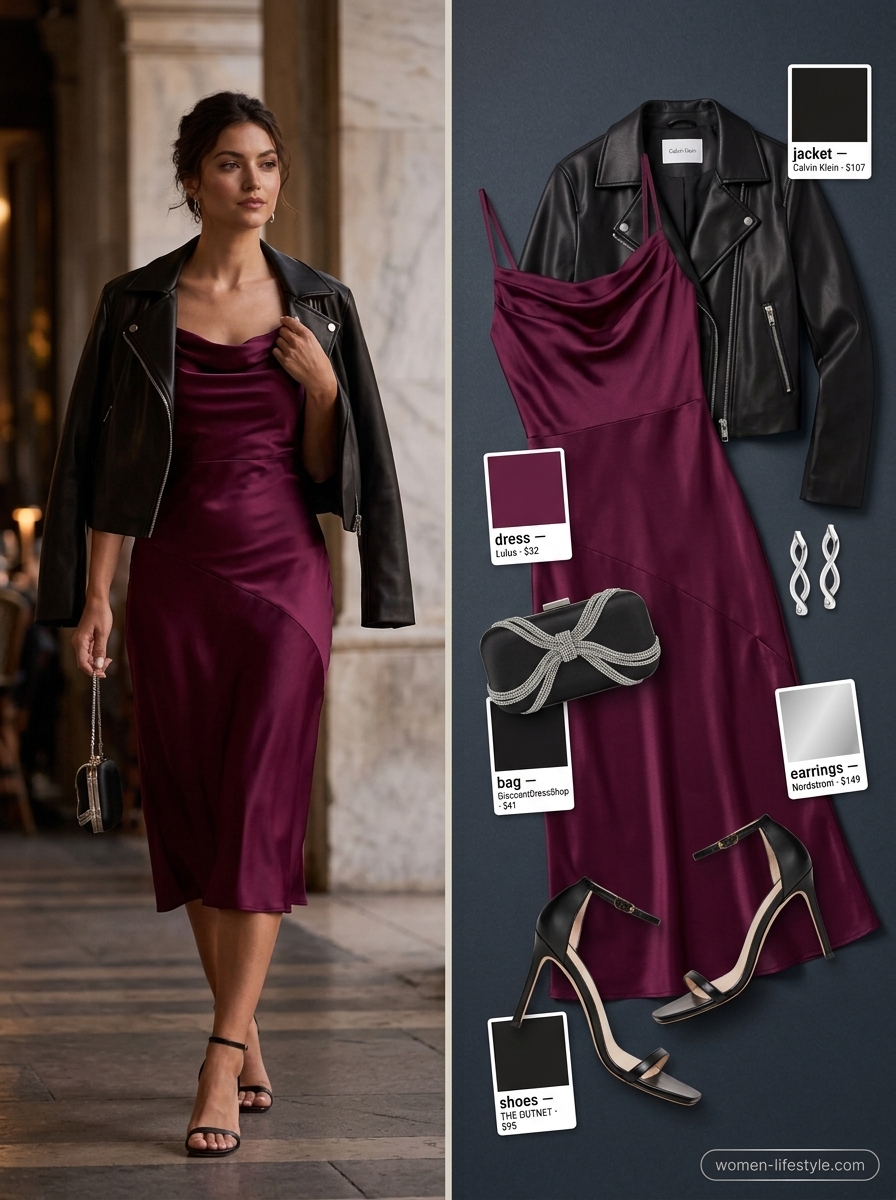 Plum slip dress, faux leather jacket, heeled sandals for glamorous summer to fall transition dress outfits 2026.